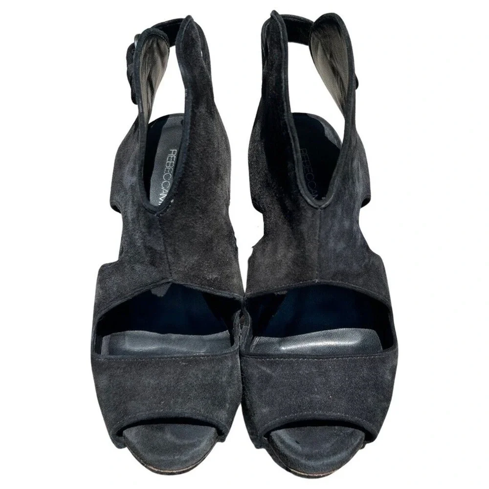 Rebecca Minkoff Demure Toe Suede Bootie High Heel Peep Size 7.5 EU 37.5 Black - Picture 3 of 11